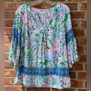 ☀️ Crown & Ivy - Size S - Floral Pink & Green Blue Lace Bell Sleeve Paisley Top